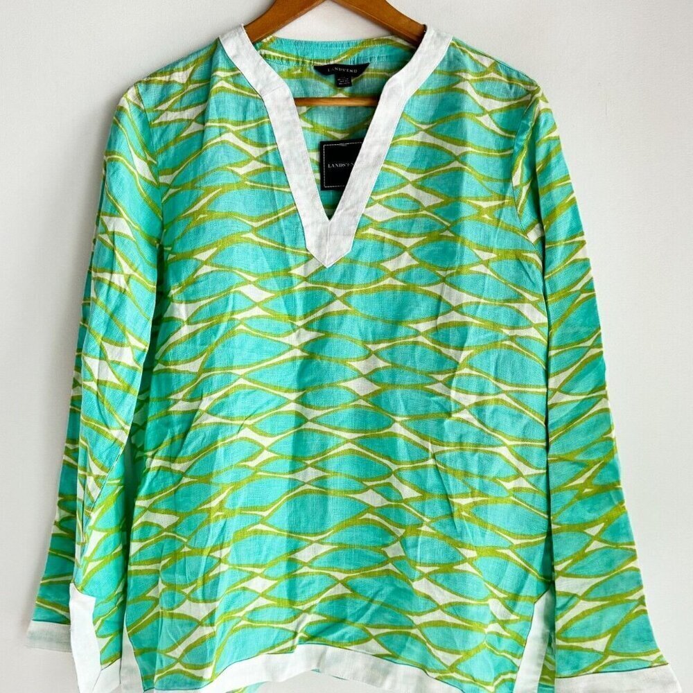 Lands End Linen Blue Green Relaxed Fit Top L